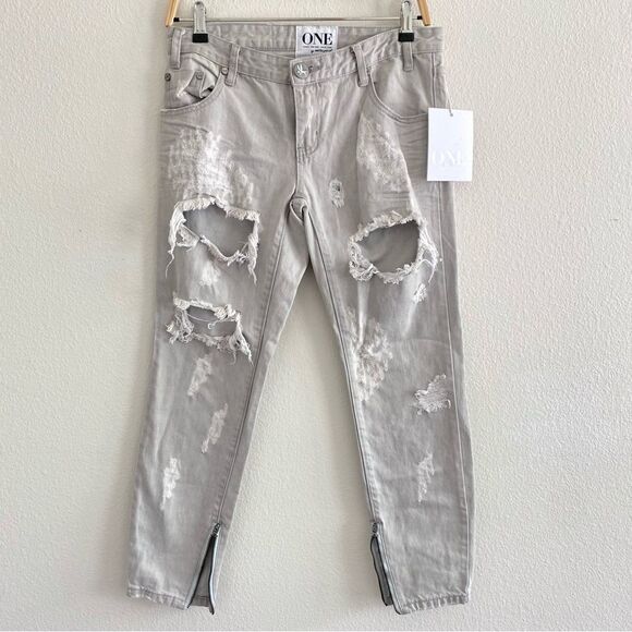 NWT One Teaspoon Trashed Free Birds Grey Skinny Distressed Low Rise Denim Siz 26 - Picture 2 of 14